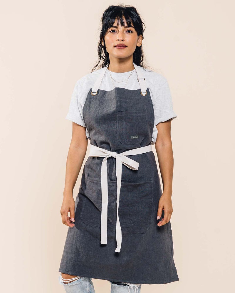 Caldo Linen Kitchen Apron for Cooking- Mens and Womens Linen Bib Apron for Professional Chef, Server, or Barista - Adjustable with Pockets (Slate) - Image 2